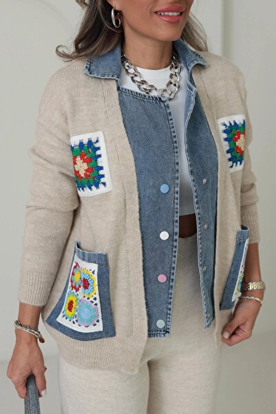 Lavanta Tekstil Джинси з вишивкою на кишенях, бежева кофта з деталями