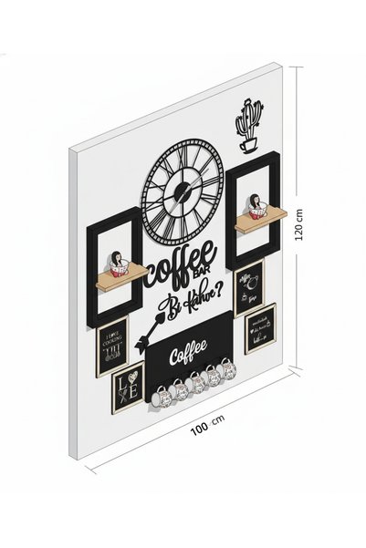 Dekorobi Modern Coffee Bar Duvar Dekoru 40 cm Saatli Ahşap Mutfak Köşesi Panoları ve Kupa Askılığı - 12 Parça