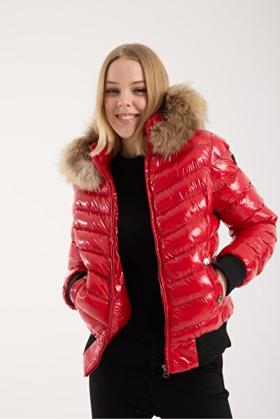 G-FOX Női rövid levehető természetes szőrme kapucnis, vízlepergető puffos kabát 8637