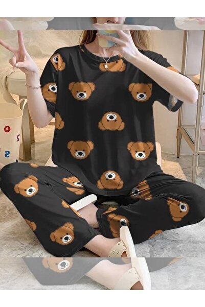 NESSGYM بيجامة نسائية بأكمام قصيرة طقم بيجامة الدب البني