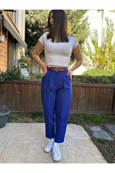 nidistore بنطلون ساكس ذو اللون الأزرق المطوي بحزام