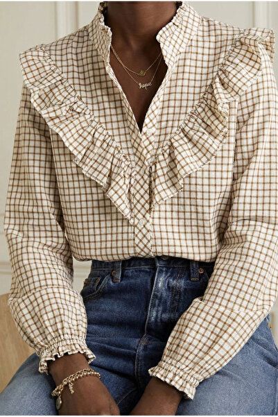 FEMELLE Women's Striped Mock Neck Ruffled Cotton Shirt