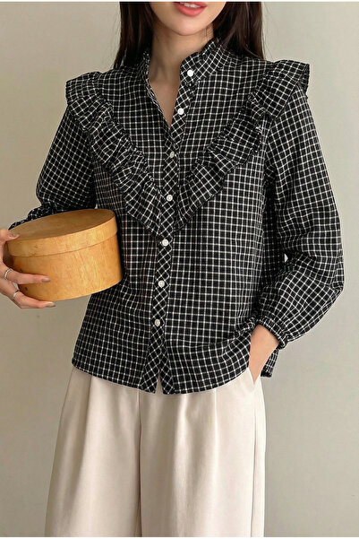 FEMELLE Women's Black Striped Mock Neck Ruffle Cotton Shirt