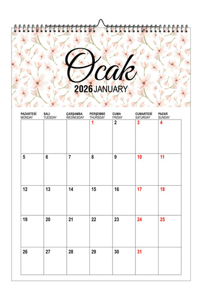 GenelTedarik 2026 ÇİÇEKLİ DUVAR PLANLAMA TAKVİMİ 12 SAYFA ÜSTTEN SPİRALLİ VE ...