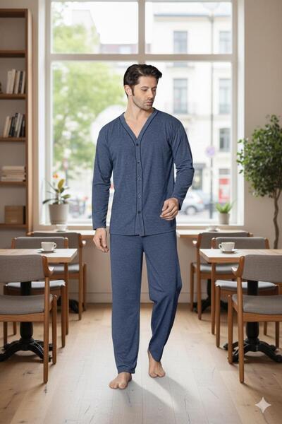 Sude HOMEWEAR Erkek Petrol Mavisi Uzun Kollu Önden Düğmeli Süprem Kumaş Pijama Takımı