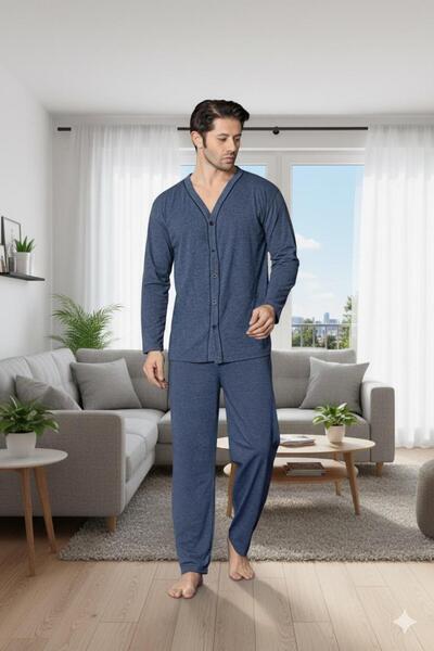 Sude HOMEWEAR Erkek Petrol Mavisi Uzun Kollu Önden Düğmeli Süprem Kumaş Pijama Takımı
