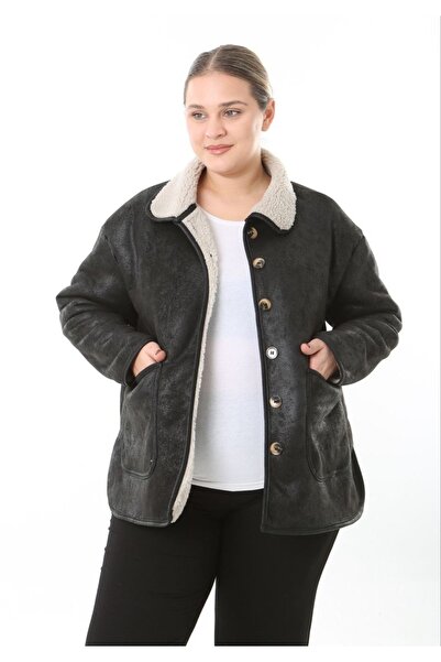 Butik Nilyam Women's Plus Size Button Detailed Nubuck Coat with Lamb Plush Inside and Pockets 25031