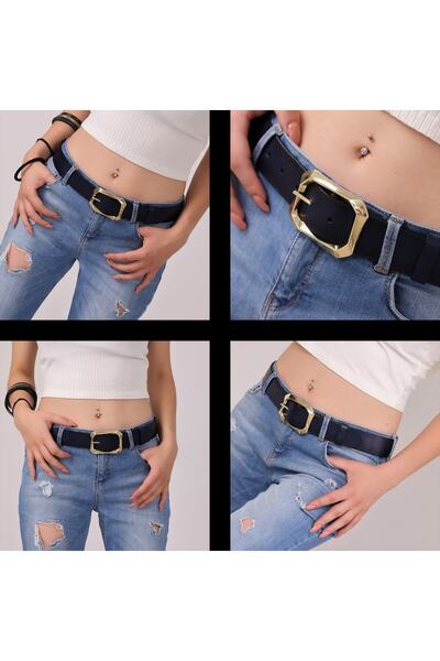 GoDeri Жіночий модний золотий ремінь з пряжкою, одношаровий, з натуральної шкіри, темно-синій, ширина 3,8 см = amz-08