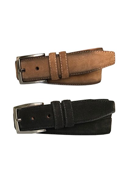 GoDeri طقم من قطعتين من جلد الغزال الأصلي - حزام بنطلون كلاسيكي من القماش الأسود والمينك مقاس 3.5 سم
