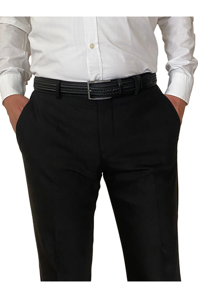 GoDeri 100% Γνήσιο Δέρμα, Πλεκτό Μαύρο Ραμμένο Κλασικό, Υφασμάτινη Ζώνη Παντελονιού 3,5 cm_Ραμμένο.Πλεκτό