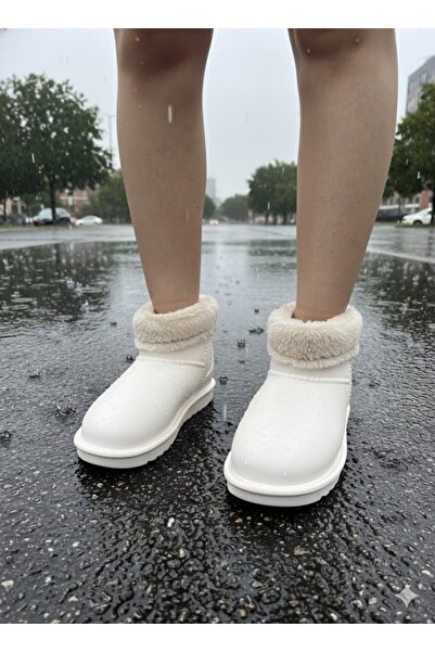 Tamdabu Ayakkabı Ekru Waterproof Short Women's Lightweight Rain Boots with Fur Inside Tmd2025200