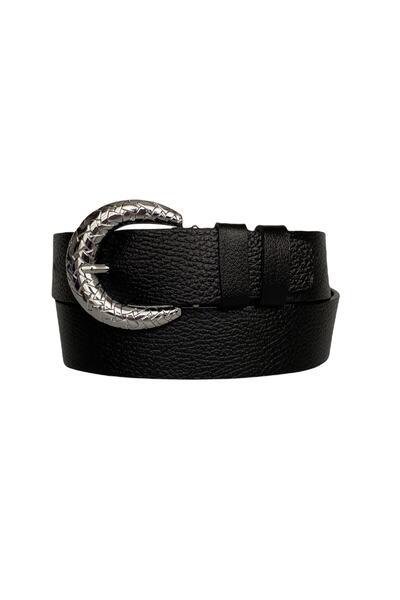 GoDeri حزام جينز نسائي أسود من الجلد الطبيعي 100% بإبزيم فضي 4 سم=an-byn-18