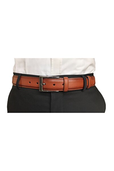 GoDeri Genuine Quality Leather, Tan Classic Fabric Trouser Belt with Stitched Edges 3.5 Cm=go-dk-kla