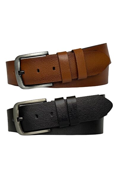 GoDeri طقم جلد أصلي 100% قطعة واحدة عالي الجودة مكون من قطعتين أسود، تان 4.5 سم جينز، حزام رياضي = 2li-go-1111-2222