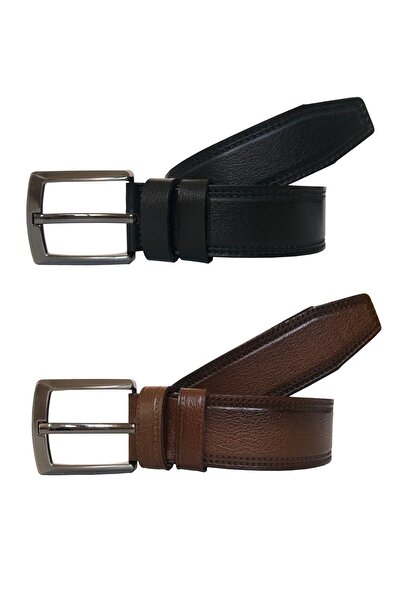 GoDeri طقم سوبر منقوش من الجلد الطبيعي مكون من قطعتين بني وأسود حزام 4 سم = 2 قطعة 55-60