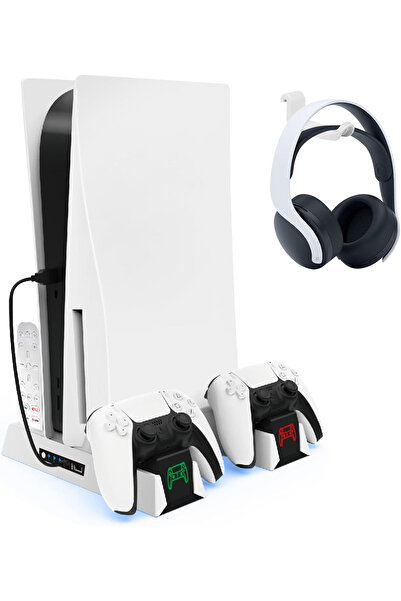 Bastec RGB PS5 Vertical Stand Cooling Fan Station with Controller Charger and Headset Stand (White)