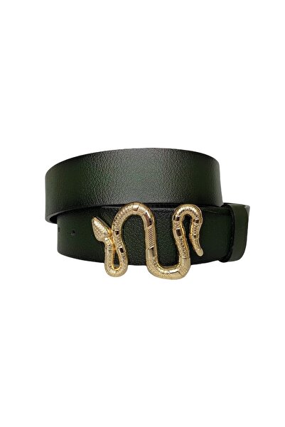 GoDeri 100% pravá kůže, zelený dámský džínový pásek se zlatou hadí přezkou 4 Cm=an-byn-47
