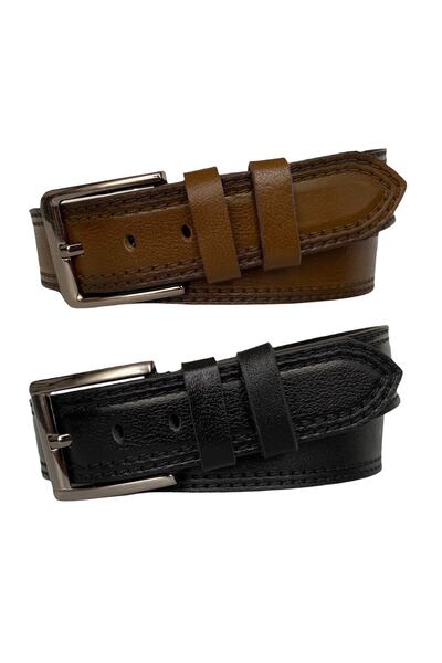 GoDeri 100% جلد طبيعي بخياطة مزدوجة منقوشة فاخرة، طقم مكون من قطعتين أسود، حزام رياضي جينز أسمر ضارب للصفرة، 4.5 سم = مودر