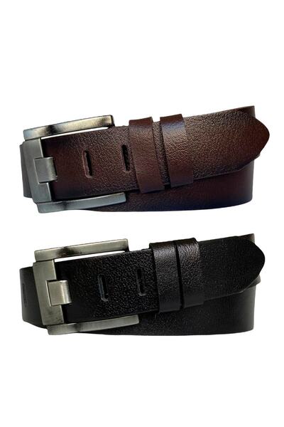 GoDeri طقم جينز جلد طبيعي 100% مكون من قطعتين واسع اللون أسود، بني 4.5 سم، حزام رياضي = 2 قطعة واسع جديد