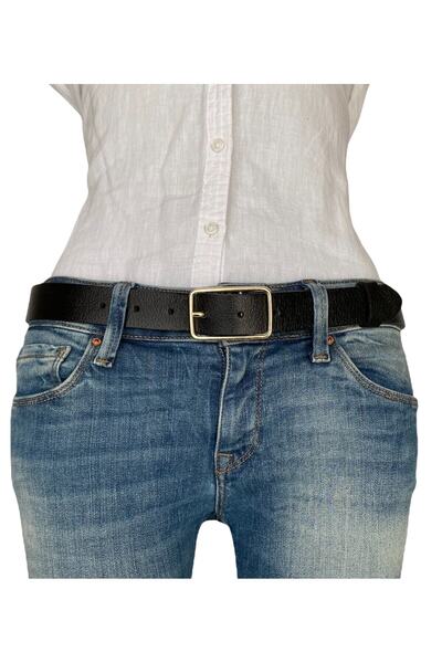 GoDeri 100% натуральна шкіра, золота пряжка, прямокутний, чорний, тонкий жіночий ремінь, 3 см = 3 см - kdn-05