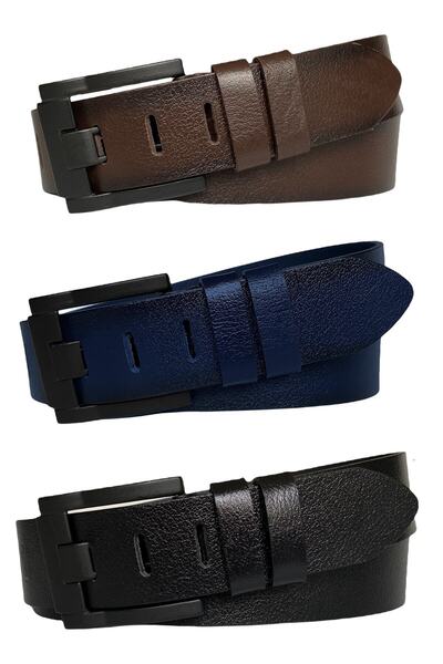 GoDeri 100% натуральна шкіра, набір з 3 широких ременів, чорний, темно-синій, кавовий, 4,5 см, джинсовий, спортивний ремінь, нова чорна пряжка