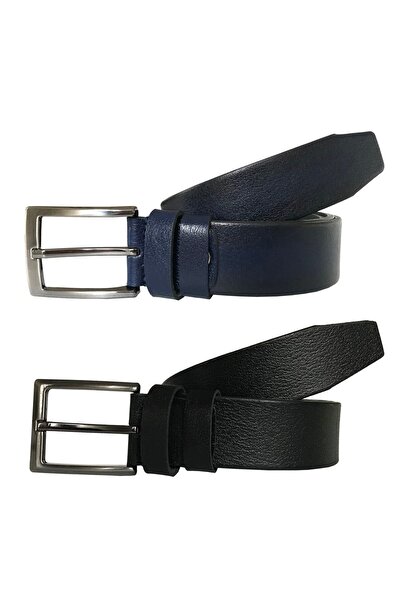 GoDeri طقم سوبر من الجلد الطبيعي مكون من قطعتين أسود، حزام قماش أزرق داكن 3.5 سم = 2 قطعة 77-79