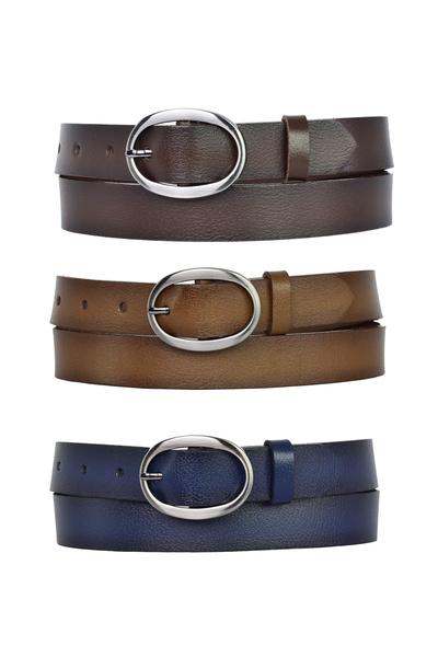 GoDeri 100% натуральна шкіра, матова, овальна, з пряжкою, набір з 3 штук, темно-синій, світло-коричневий, жіночий ремінь, 3 см; 39