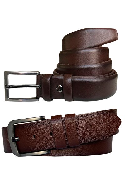 GoDeri Набір з 2 предметів з натуральної шкіри, коричневий, 4,5 см джинсовий спортивний ремінь і 3,5 см тканинний ремінь для брюк = kotkumaş