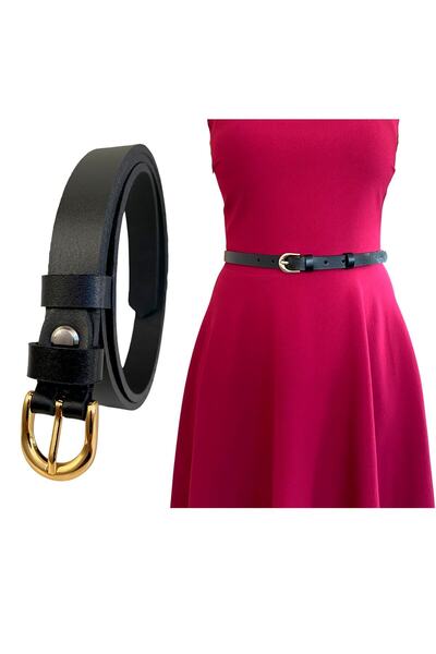 GoDeri Дамски колан от 100% естествена кожа с черно-златна катарама, много тънък - 1.8 см = verythin-06