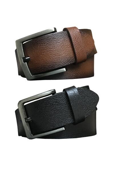 GoDeri طقم مكون من قطعتين من الجلد الطبيعي بنسبة 100% - جينز أسود وبني مقاس 4.5 سم وحزام رياضي