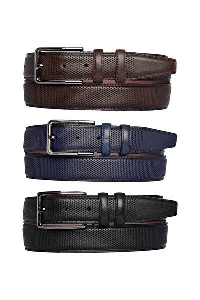 GoDeri 100% جلد طبيعي، مجموعة من 3 بنطلونات قماشية مخيطة باللون الأسود والأزرق الداكن والبني الداكنحزام 3.5 سم منقط