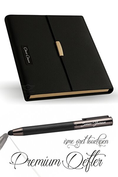 MELL & SWIPE Kişiye Özel Kalem Not Defteri Isim Baskılı Set Touchpen Roller Siyah Termo Deri 224yaprak Ivorykağıt