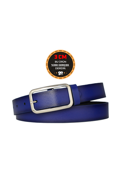 GoDeri Curea de damă, albastru Parlament, 3 cm - 100% piele naturală, cataramă argintie, centură pentru pantaloni, 3cmkdn50