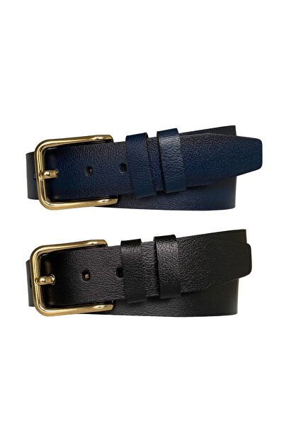 GoDeri طقم جينز نسائي من الجلد الطبيعي 100% مكون من قطعتين 4 سم قطعة واحدة أسود، أزرق داكن = مستقيم