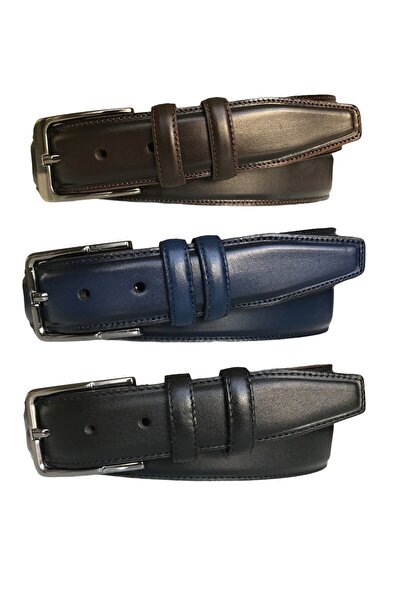 GoDeri طقم بنطلون جلد طبيعي عالي الجودة مكون من 3 بنطلونات كلاسيكية مخيطة باللون الأسود والأزرق الداكن والبني 3.5 سم = 3