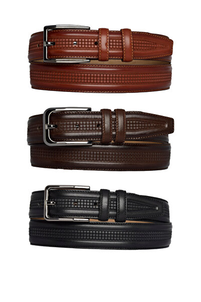 GoDeri 100% натуральна шкіра, набір з 3 штук, чорний, темно-коричневий, червоний з табушевим швом, тканинний ремінь для брюк 3,5 см_ORTAB