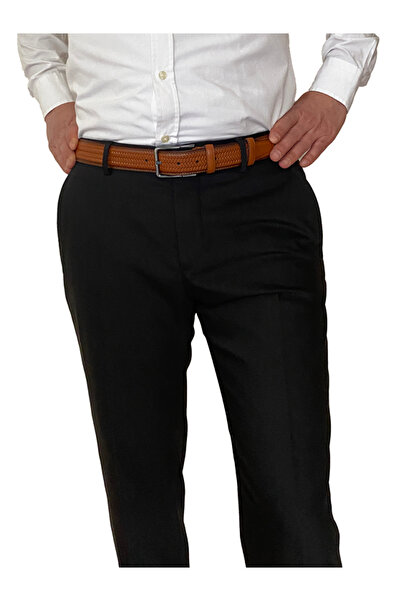 GoDeri 100% Genuine Leather, Knitted Print Brown Stitched Classic, Fabric Trouser Belt 3.5 Cm_Dikisli.Braided