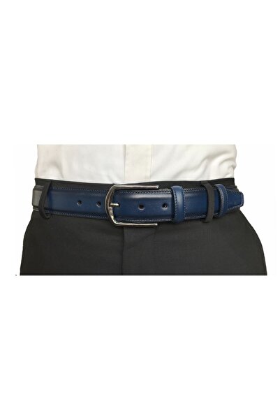 GoDeri Navy Blue Genuine Leather Classic Fabric Trouser Belt - Stitched Edges, 3.5 Cm=go-dk-kla