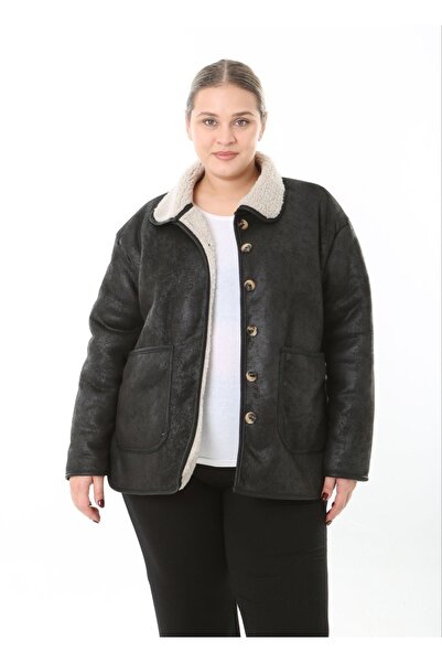 Butik Nilyam Women's Plus Size Button Detailed Inside Lamb Plush Pocket Nubuck Cardigan Jacket 25052