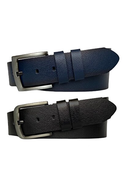 GoDeri طقم مكون من قطعتين من الجلد الطبيعي 100% - جينز أسود وأزرق كحلي مقاس 4.5 سم، حزام رياضي = 2 قطعة-go-1111-2222