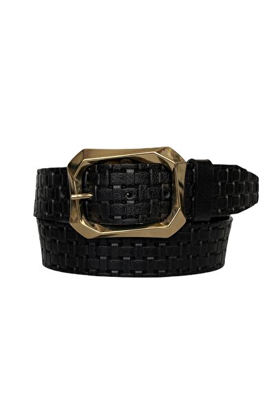 GoDeri 100% جلد طبيعي، جينز نسائي أسود منقوش بإبزيم ذهبي، حزام رياضي 4 سم=an-byn-08