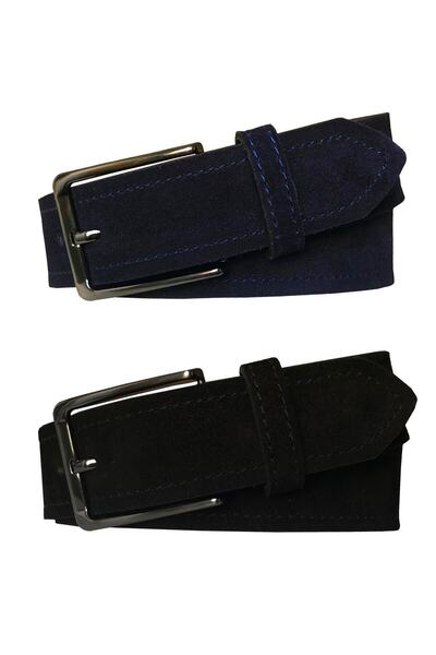 GoDeri جلد طبيعي 2 قطعة من جلد الغزال أزرق داكن داكن، حزام أسود 4 سم = 2 قطعة من جلد الغزال باللون الأسود