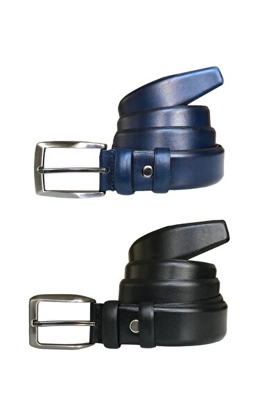 GoDeri Γνήσιο Ποιοτικό Δερμάτινο Σετ 2 Κλασική Υφασμάτινη Ζώνη Παντελονιού; Μαύρο, Navy Blue 3,5 cm=2li.kla