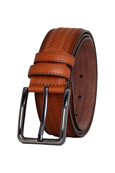 GoDeri Відкритий пояс кольоровий, 100% натуральна шкіра - тканина з плетеним принтом, 3,5 см шов, ремінь для брюк