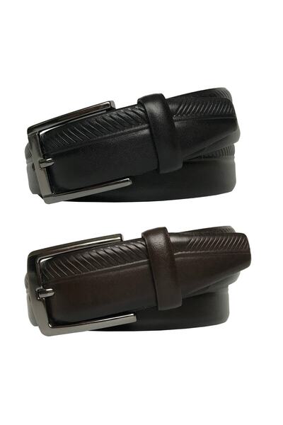 GoDeri Комплект от 2 части от естествена кожа - панталон и колан от класически плат в черно и кафяво с ширина 3,5 см