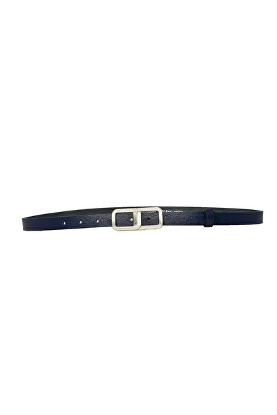 GoDeri Navy Blue Thin Belt for Women - 100% Genuine Leather, Silver Buckle, for Dress and Pants