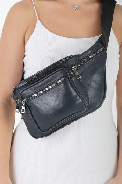 NahitaTyana Geantă de talie unisex bleumarin cu buzunare multiple din piele n...