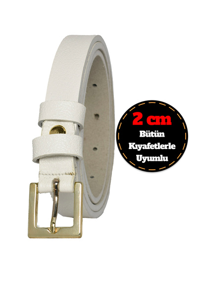 GoDeri 100% جلد طبيعي، إبزيم ذهبي اللون رفيع 2 سم حزام نسائي أبيض حليبي؛ فستان، حزام بنطلون_مربع