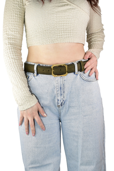 GoDeri 100% Genuine Leather, Green Military Belt with Gold Buckle, 4 cm