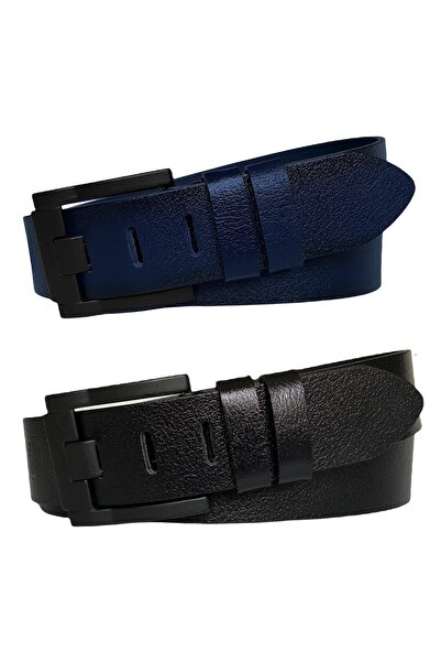 GoDeri طقم من الجلد الطبيعي 100% مكون من قطعتين باللون الأسود، والأزرق الداكن 4.5 سم جينز، وحزام رياضي، وإبزيم أسود جديد